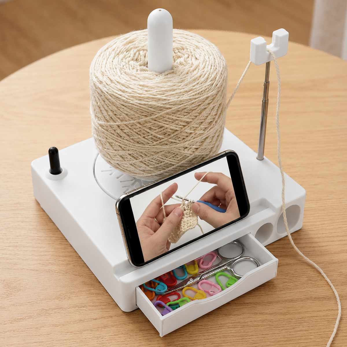 Crochet Yarn Spinner & Phone Stand – Multifunctional Yarn Holder Organizer