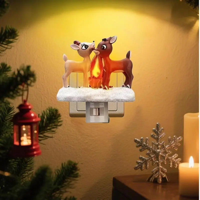 Christmas Elk Night Light,3D Elk Light,ElkCampfire Night Light,Christmas Eve Campfire Flickering Night Light,120V Plug-in Powered for Festive Ambiance,Christmas gifts,fun decorative lights