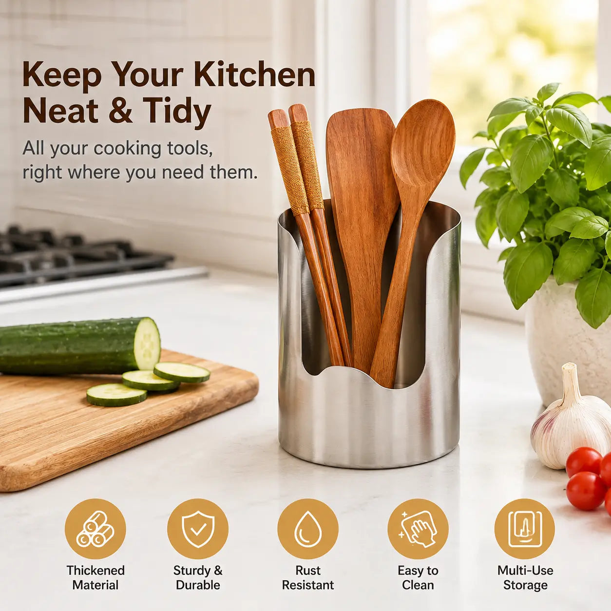 Thickened Stainless Steel Utensil Organizer for Kitchen Countertop Storage and Easy Cleanup