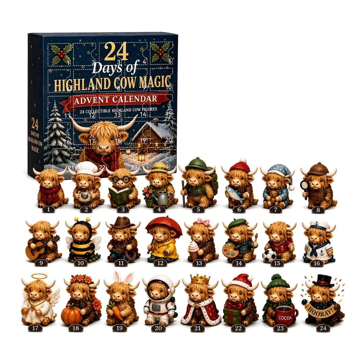 Highland Cow Advent Calendar with Collectible Figurines for Christmas Countdown Gifts