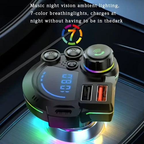 30W PD Bluetooth 5.3 FM Transmitter Car Charger with Dual USB Ports, Hands-Free Calling & RGB Light for 12V–24V Vehicles