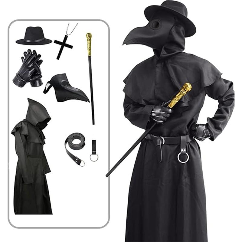 Men’s Plague Doctor Halloween Costume Set with Bird Mask Cloak and Accessories