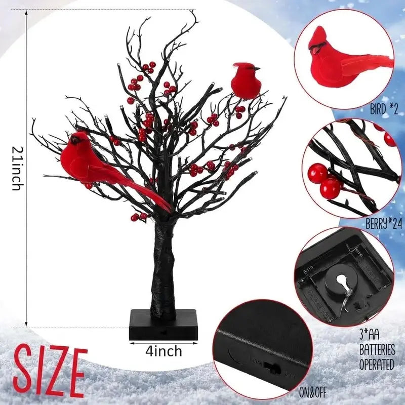 Illuminated Cardinal Berry Tree Decoration for Holiday Tabletop and Cozy Home Decor