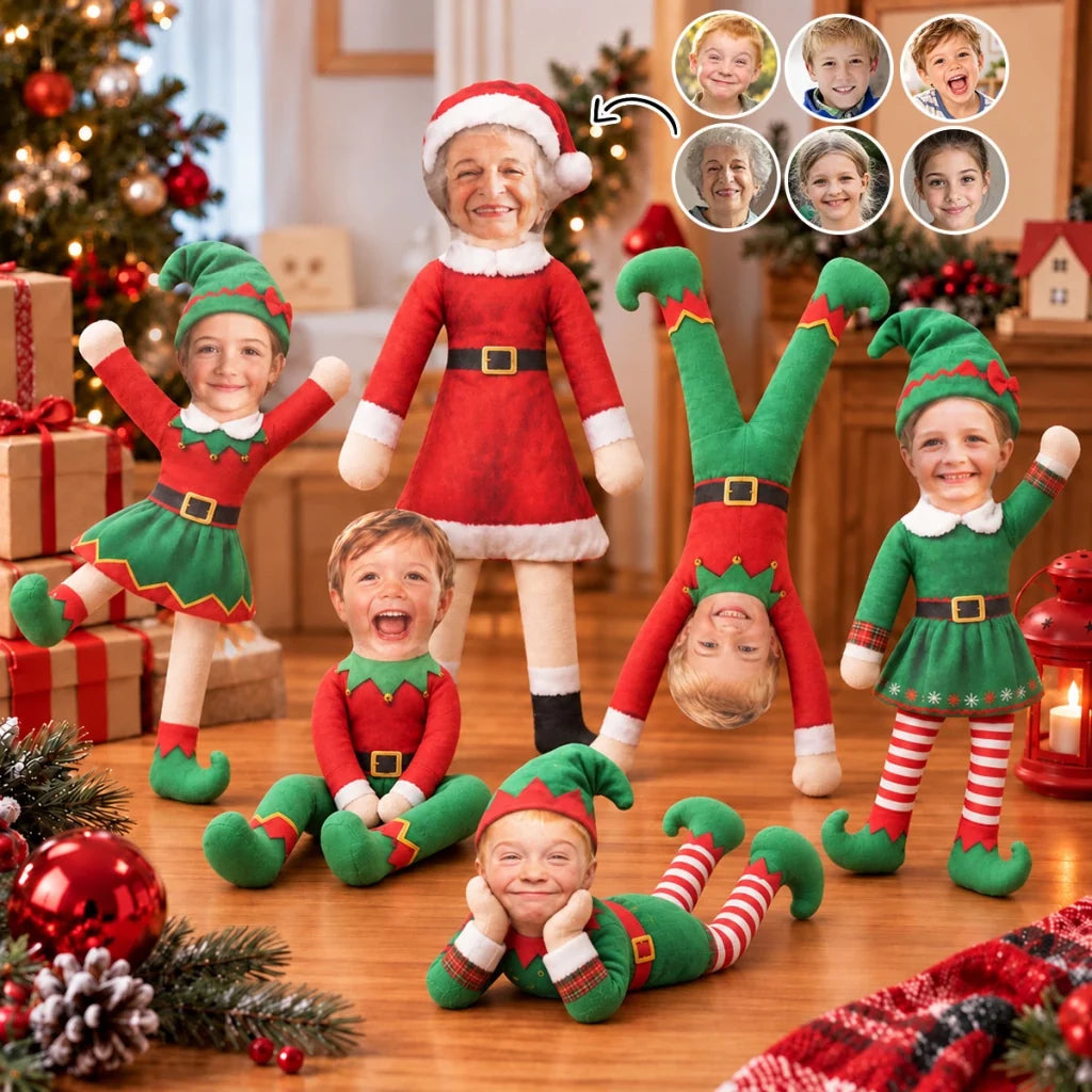 Personalized Photo Squishy Plush Doll, Playful Elf Poses in a Cozy Christmas Room, Unique Gift for Family - 1