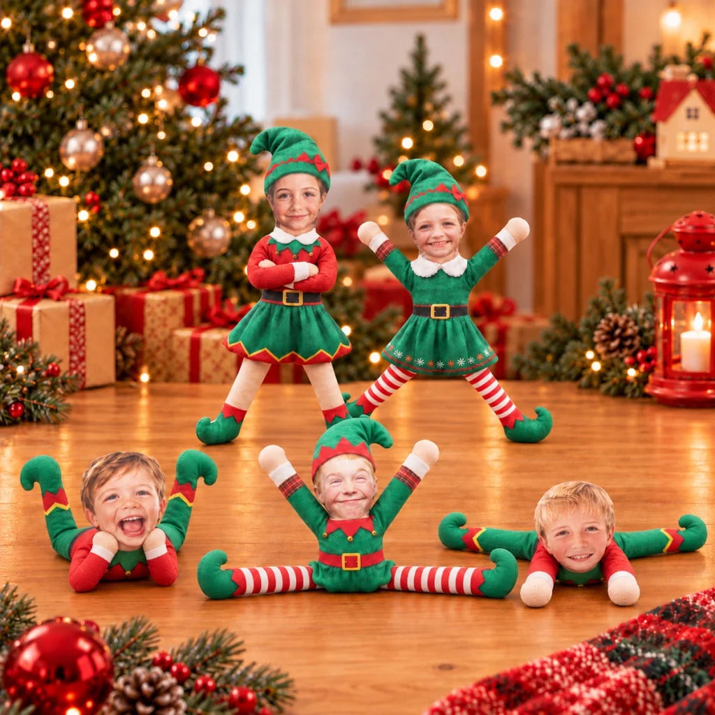 Personalized Photo Squishy Plush Doll, Playful Elf Poses in a Cozy Christmas Room, Unique Gift for Family - 8