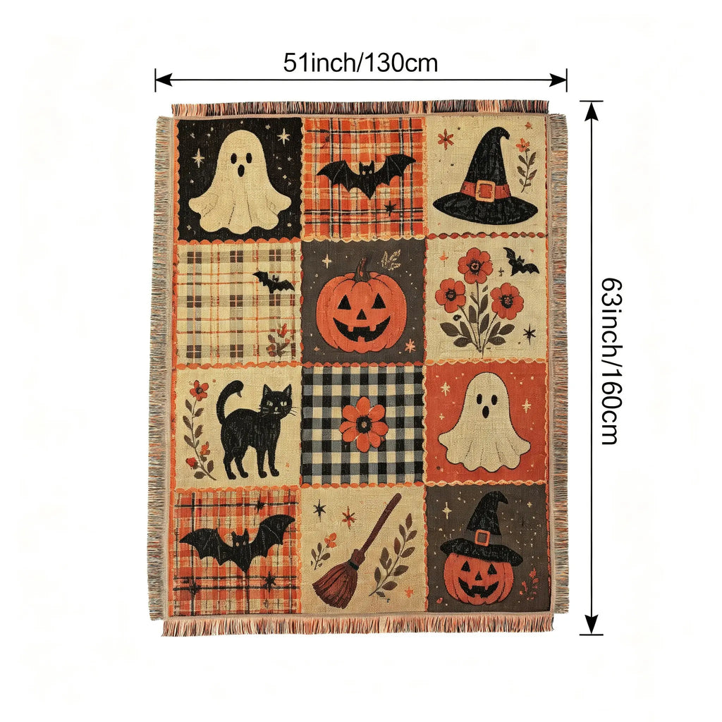 Halloween Patchwork Woven Blanket with Tassels for Sofa Bed Wall Decor