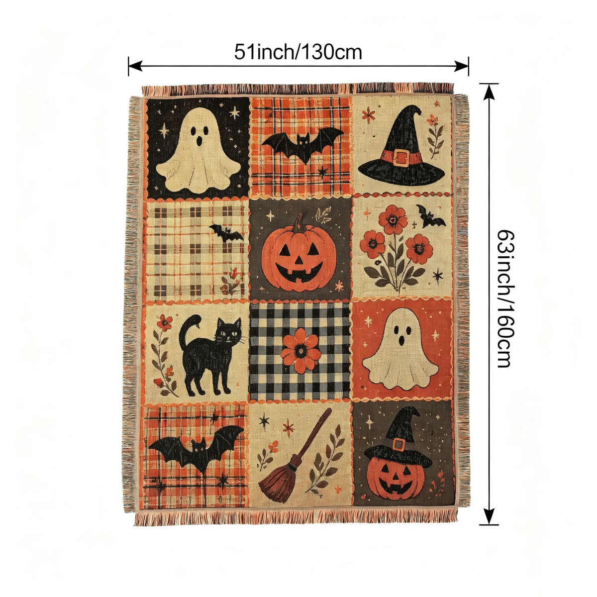 Halloween Patchwork Woven Blanket with Tassels for Sofa Bed Wall Decor