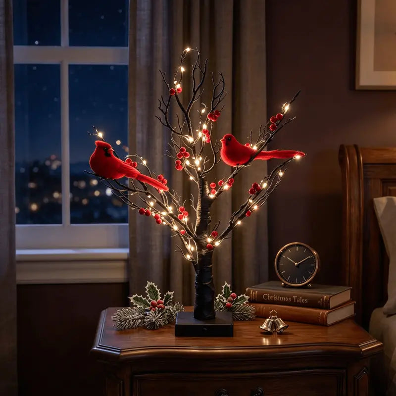 Illuminated Cardinal Berry Tree Decoration for Holiday Tabletop and Cozy Home Decor