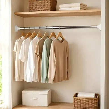 Drill-Free Adjustable Tension Rod for Closet Storage and Laundry Organization