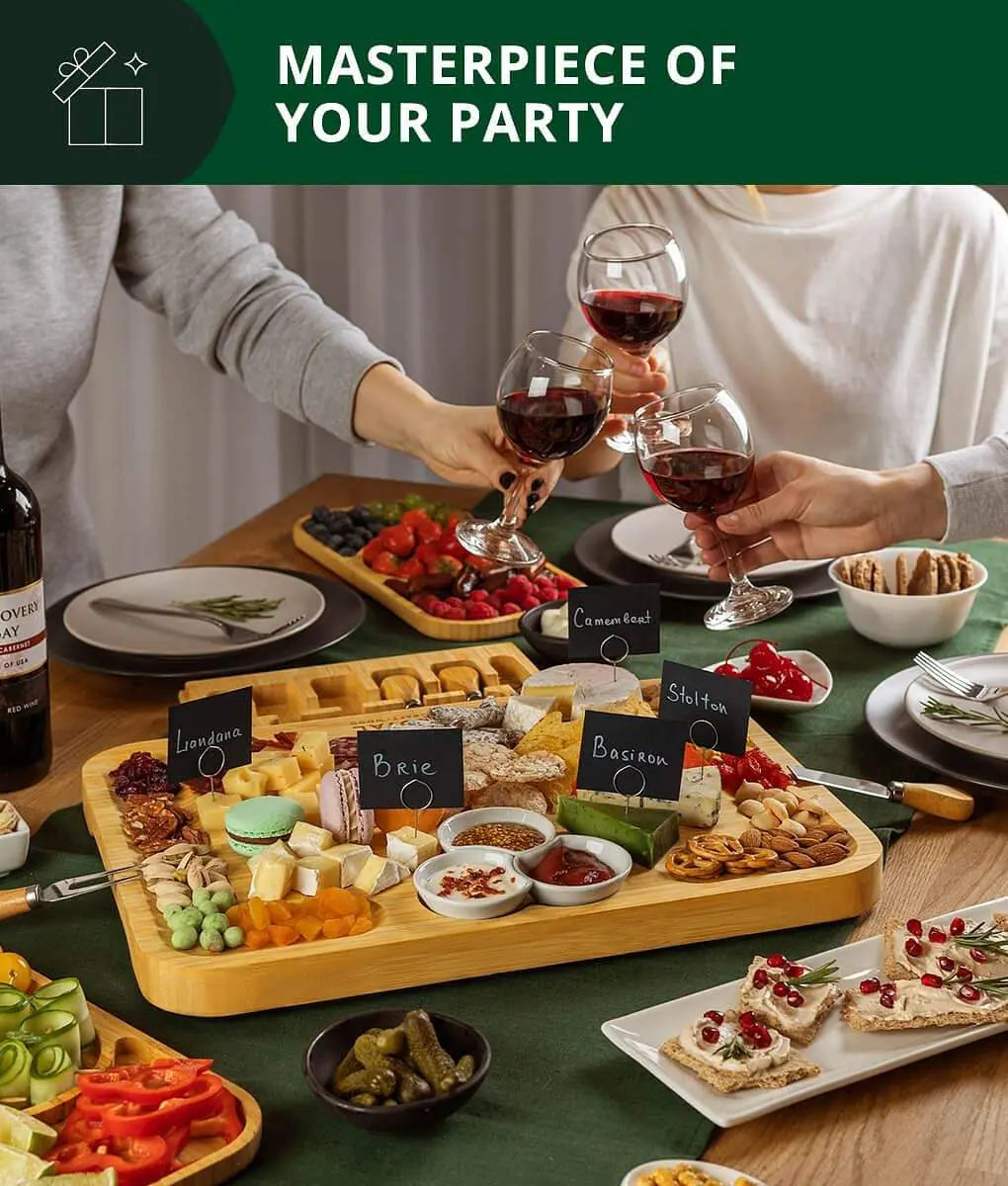 Large Bamboo Charcuterie Board Set with Knives, Ceramic Bowls & Expandable Serving Trays