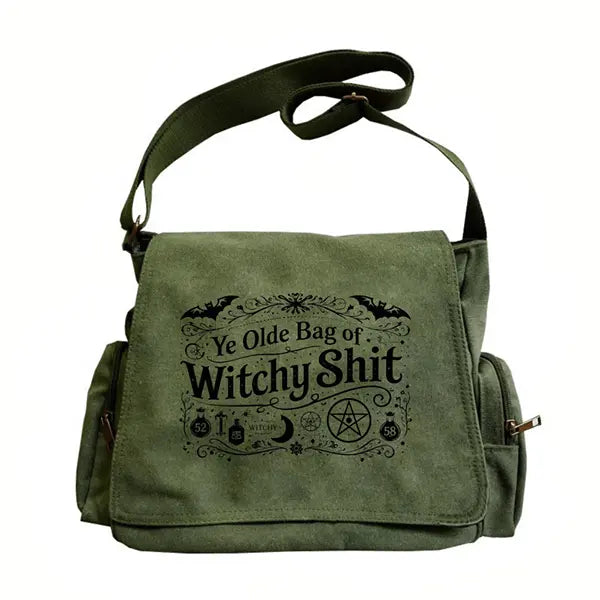 Witchy Canvas Crossbody Bag with Vintage Symbols for Everyday Halloween Style