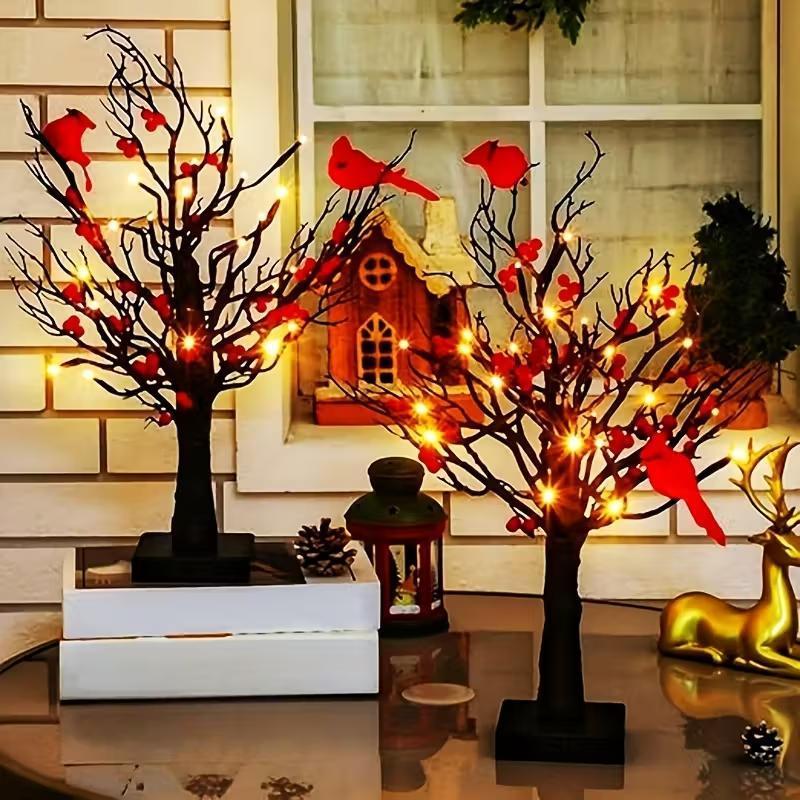 Illuminated Cardinal Berry Tree Decoration for Holiday Tabletop and Cozy Home Decor