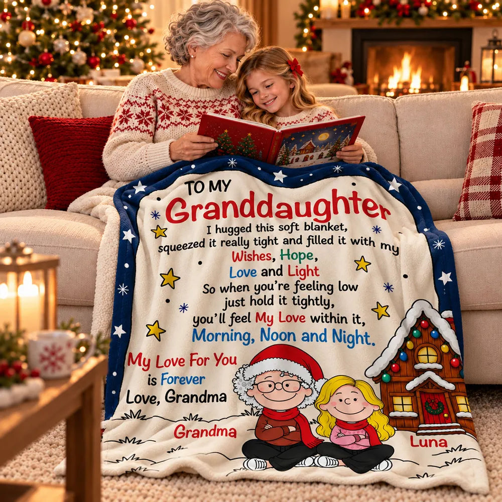 Personalized Fleece Blanket, Grandma and Granddaughter Reading by the Fire, Unique Christmas Gift for Granddaughter - 1