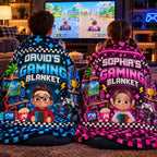 Personalized Fleece Blanket with Cartoon Gamer Holding a Controller, Blue Pixel Art, Unique Gift for Son - 2