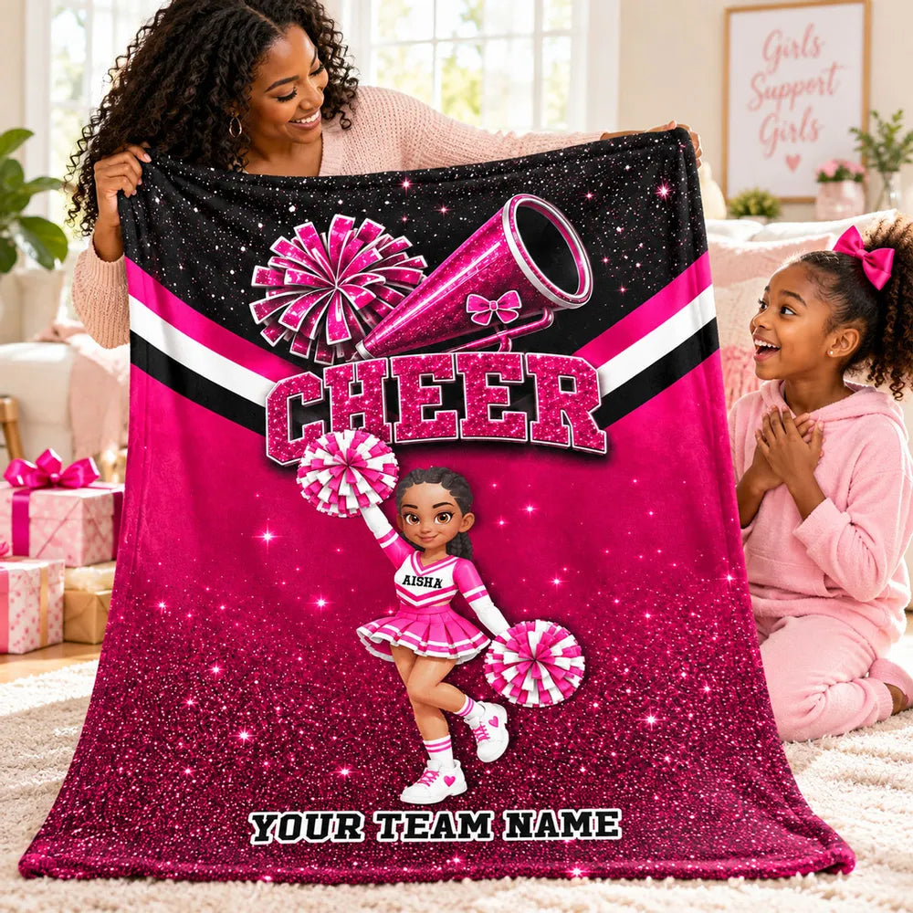 Personalized Fleece Blanket, Sparkling Pink Cartoon Cheerleader with Pom-Poms, Unique Gift for Daughter - 1