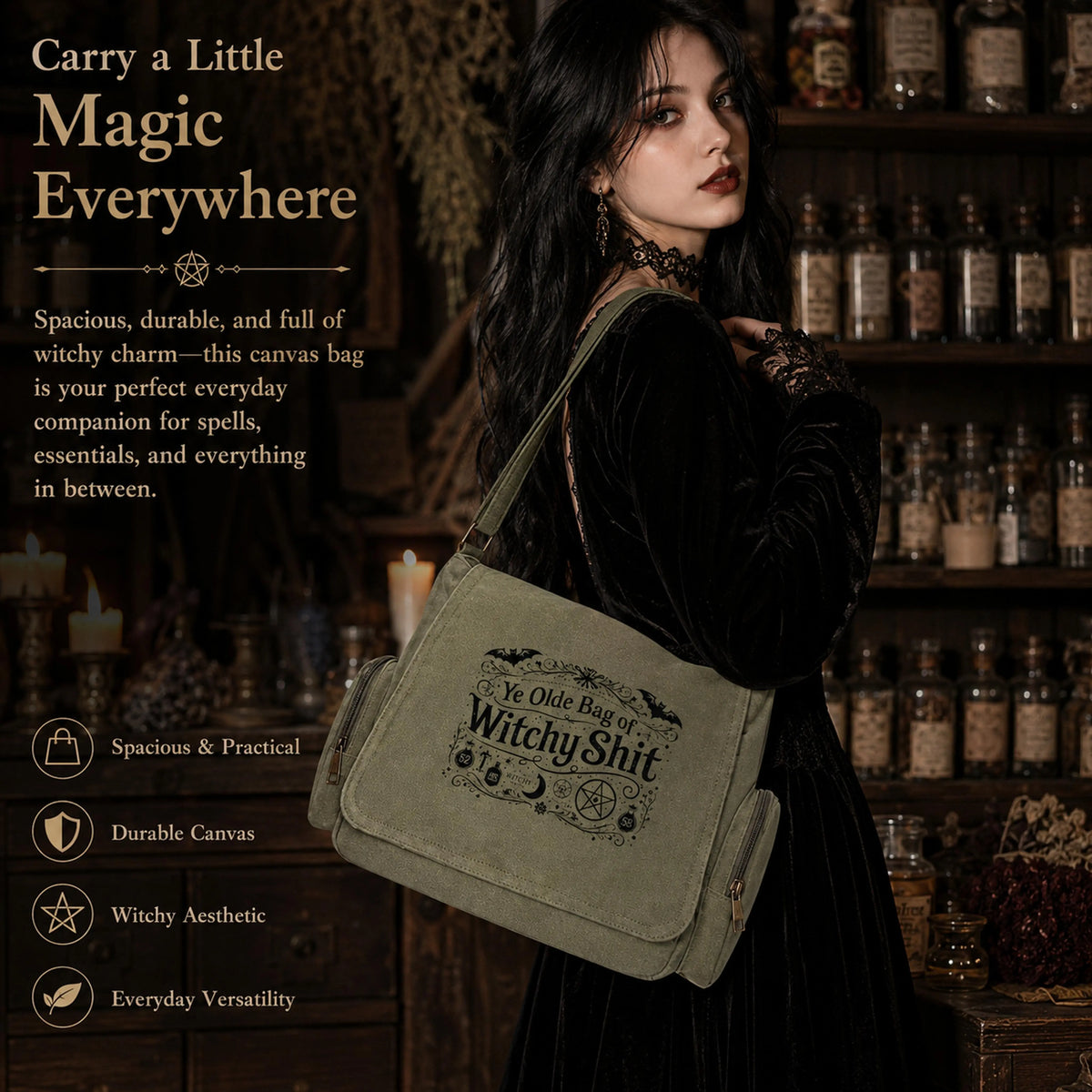 Witchy Canvas Crossbody Bag with Vintage Symbols for Everyday Halloween Style