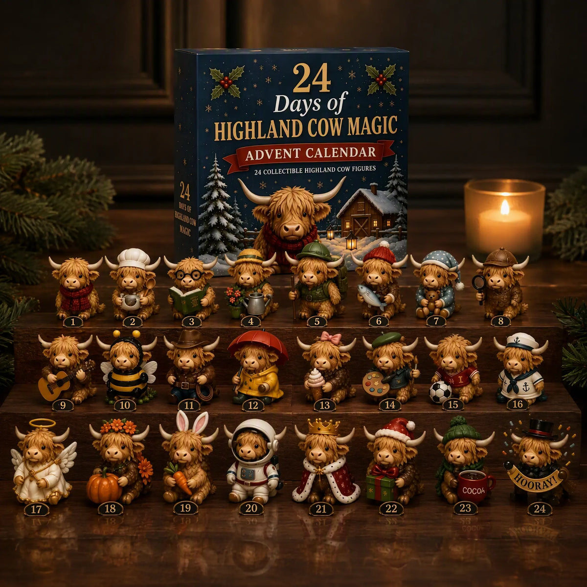 Highland Cow Advent Calendar with Collectible Figurines for Christmas Countdown Gifts
