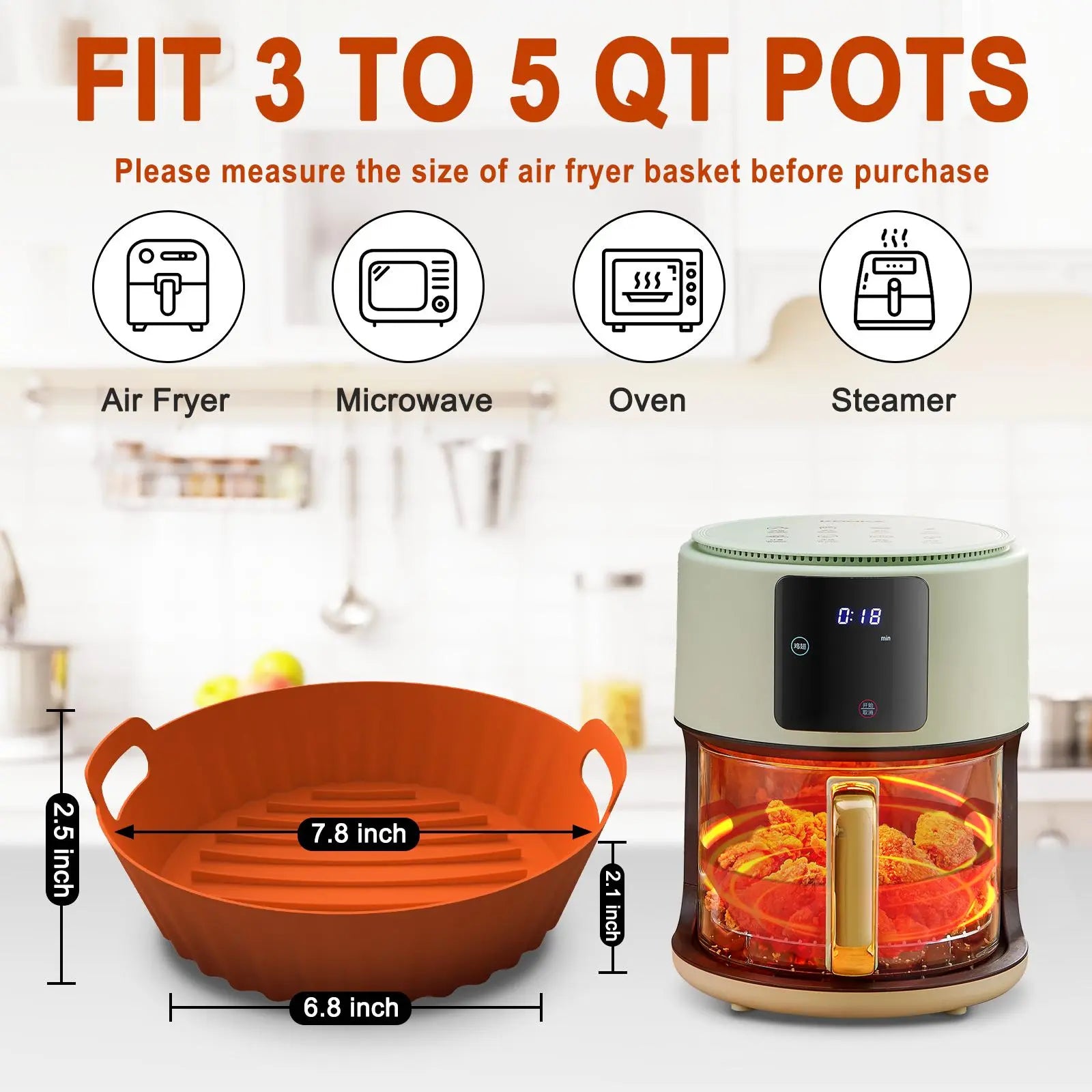 2-Pack Silicone Air Fryer Liners, 7.7" Round, Reusable Nonstick Basket Mat, Dishwasher Safe