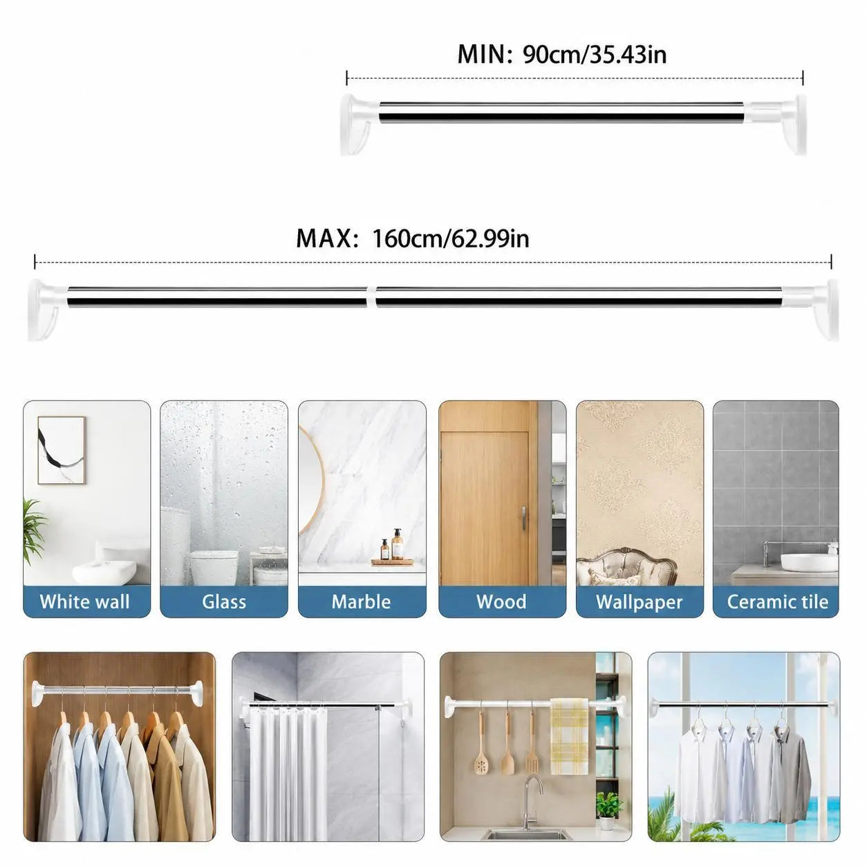 Drill-Free Adjustable Tension Rod for Closet Storage and Laundry Organization
