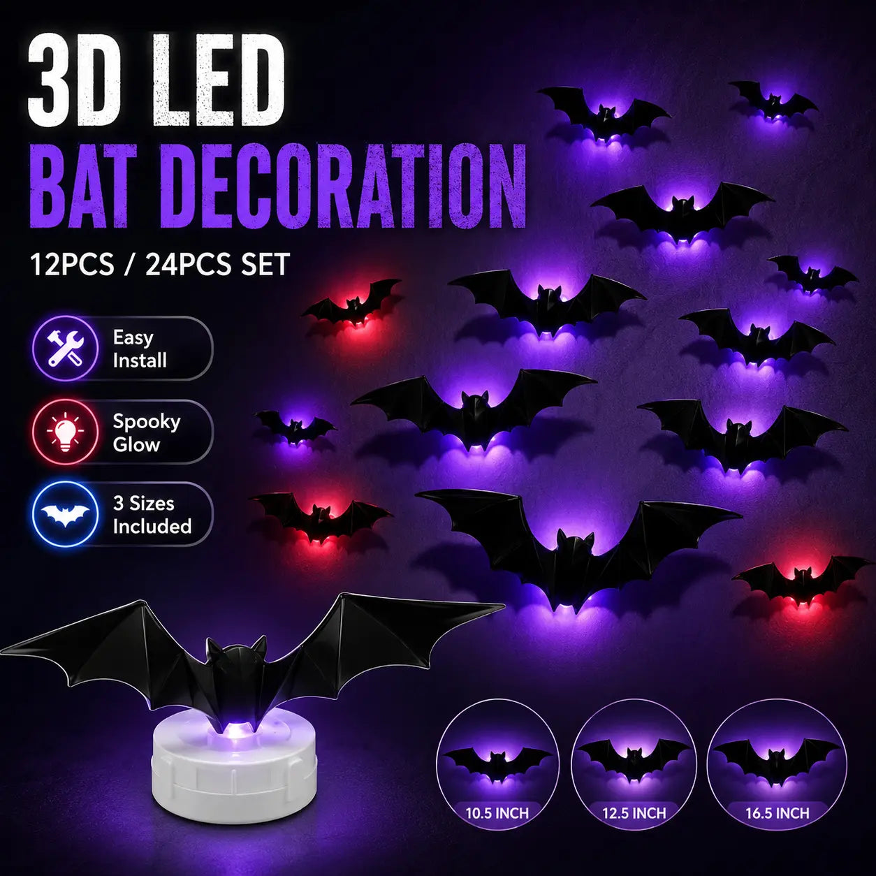 3D LED Bat Wall Decor Set for Spooky Halloween Home Parties