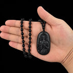 Men's Obsidian Saint Jude Thaddeus Pendant Necklace, Beaded Long Necklace, Vintage Catholic Faith Religious Jewelry for Men