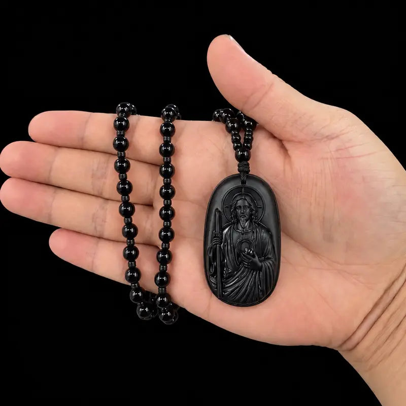 Men's Obsidian Saint Jude Thaddeus Pendant Necklace, Beaded Long Necklace, Vintage Catholic Faith Religious Jewelry for Men