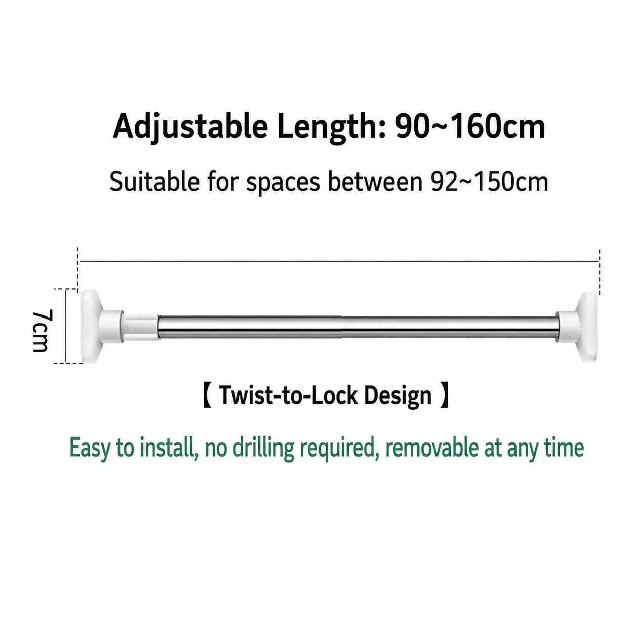 Drill-Free Adjustable Tension Rod for Closet Storage and Laundry Organization