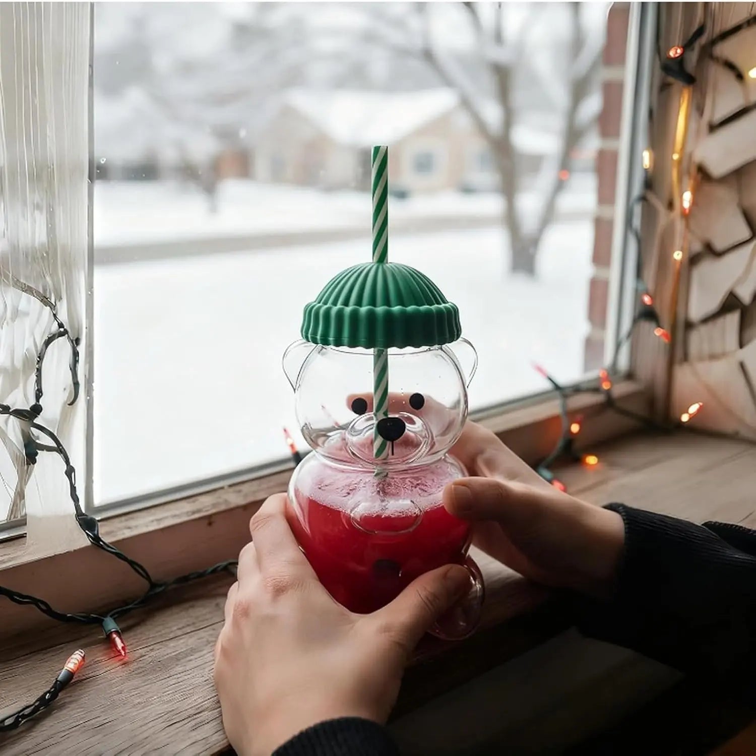 Cute Teddy Bear Glass Tumbler with Strawberry Straw – 20oz Reusable Iced Coffee Cup