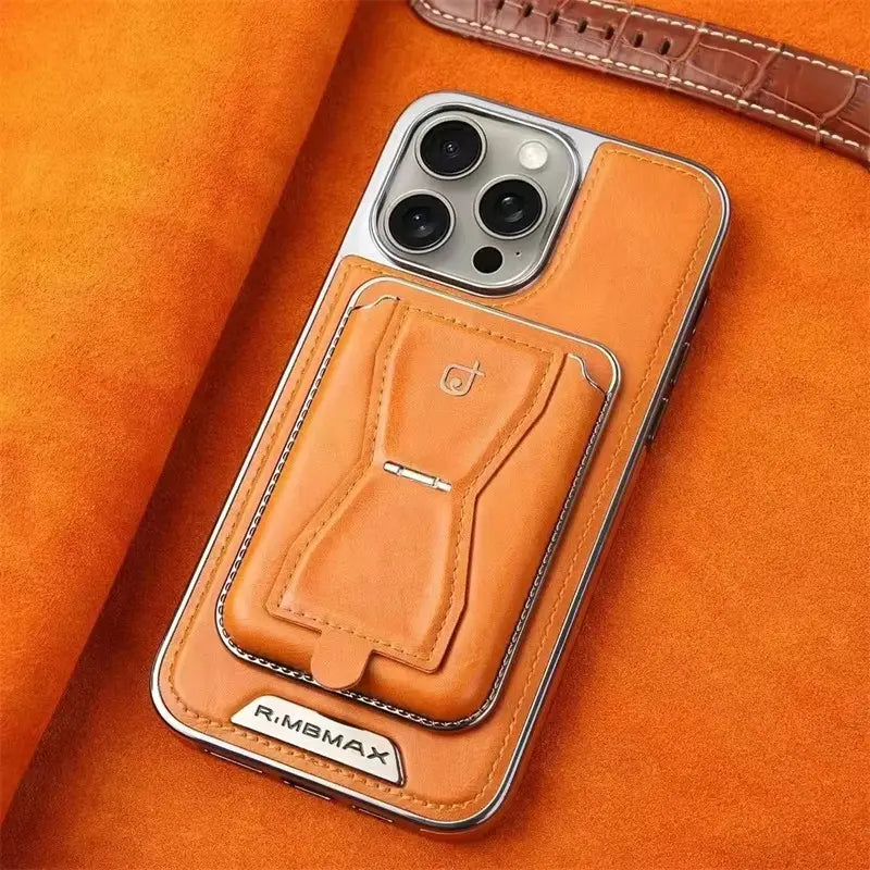 Premium Magnetic Leather Phone Case with 2-Card Wallet Holder & Foldable Kickstand for iPhone