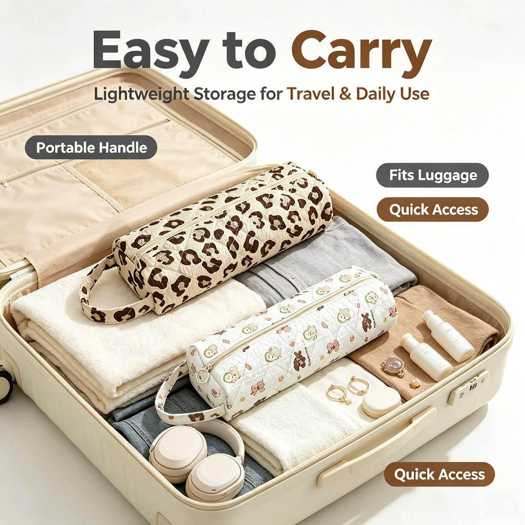 Quilted Travel Toiletry Organizer Bag with Handle for Makeup and Bathroom Storage