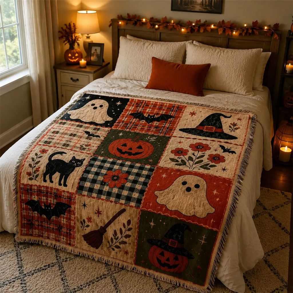 Halloween Patchwork Woven Blanket with Tassels for Sofa Bed Wall Decor