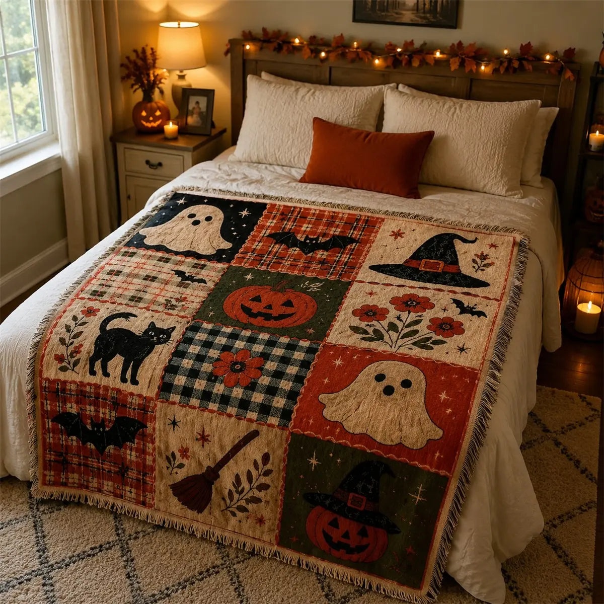 Halloween Patchwork Woven Blanket with Tassels for Sofa Bed Wall Decor