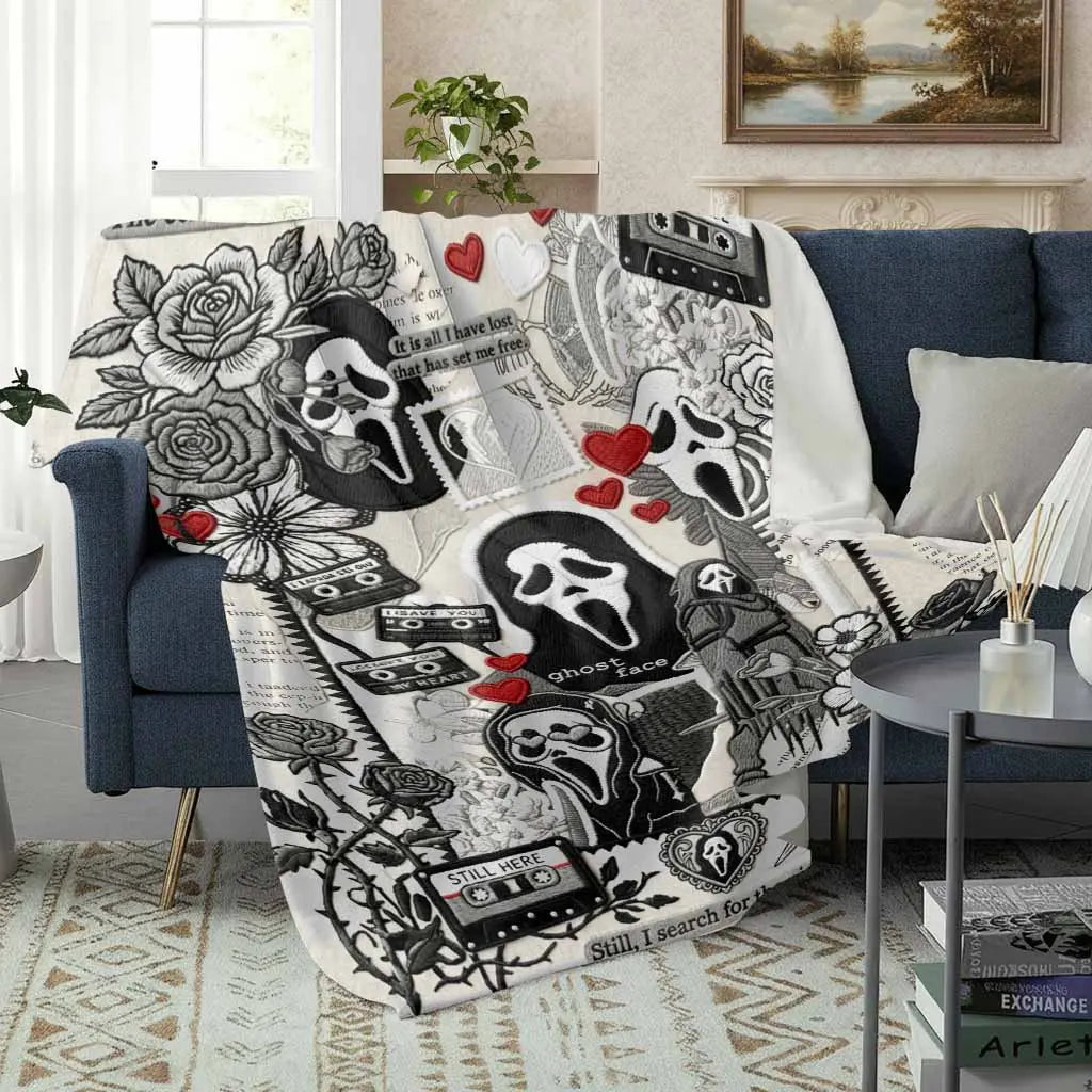 Ghost Face Floral Cassette Throw Blanket for Halloween Gothic Home Decor and Cozy Spaces