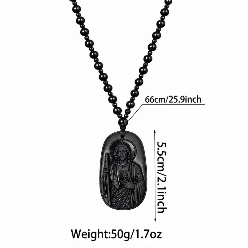 Men's Obsidian Saint Jude Thaddeus Pendant Necklace, Beaded Long Necklace, Vintage Catholic Faith Religious Jewelry for Men