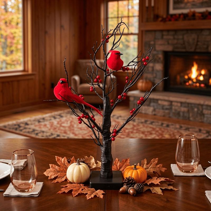 Illuminated Cardinal Berry Tree Decoration for Holiday Tabletop and Cozy Home Decor
