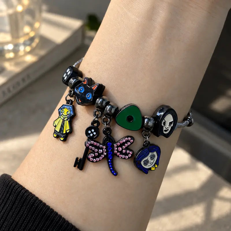 Dark Fantasy Charm Bracelet with Enamel Pendants for Goth Cosplay and Fan Gifts