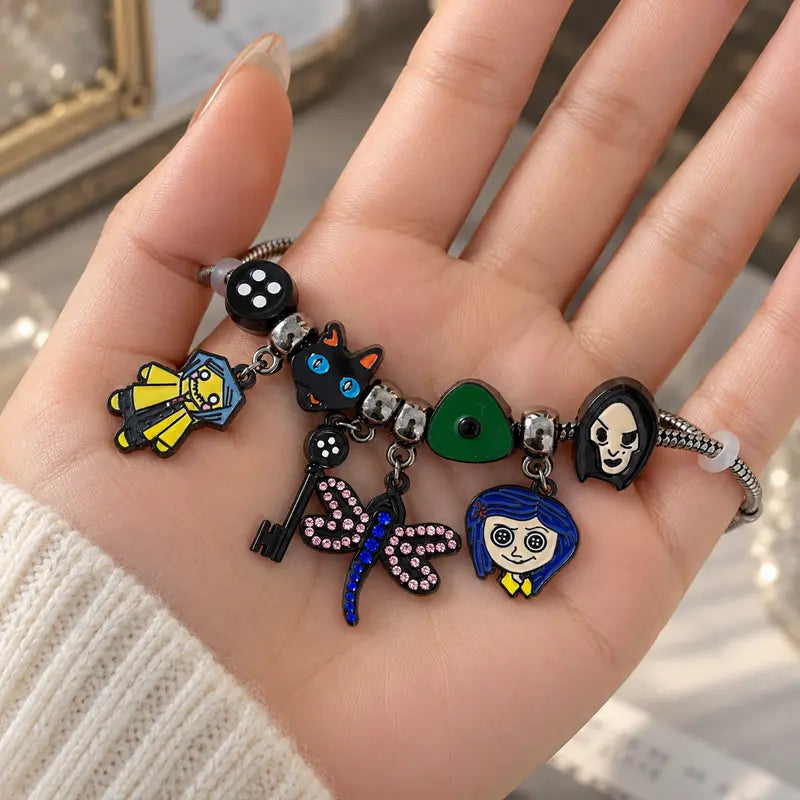 Dark Fantasy Charm Bracelet with Enamel Pendants for Goth Cosplay and Fan Gifts