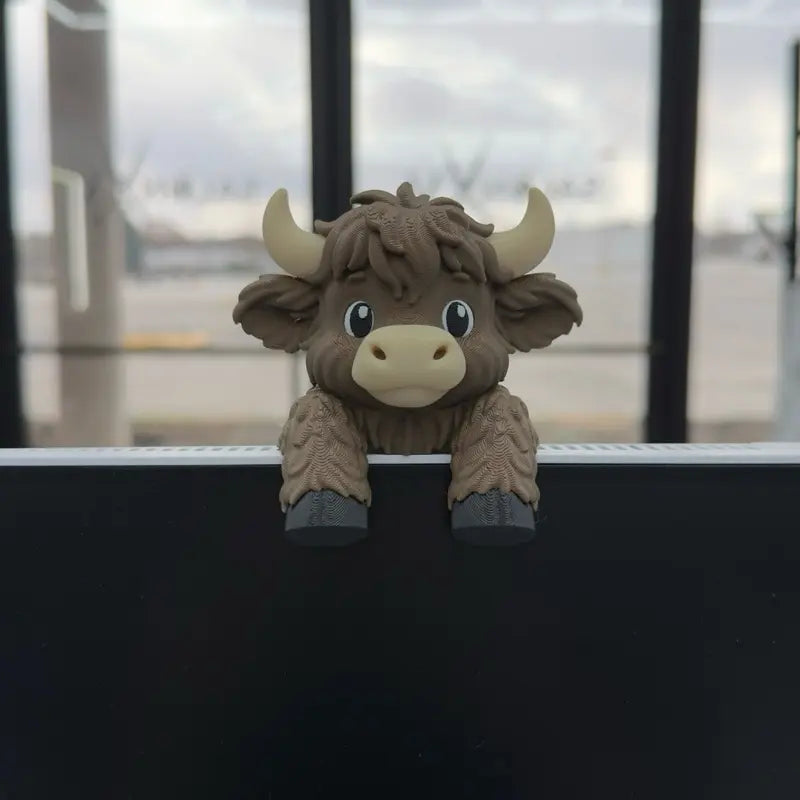 Highland Cow Monitor Buddy and Screen Sitter, 3D Printed Emotional Support Desk Companion and Office Decor