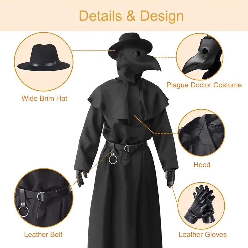 Men’s Plague Doctor Halloween Costume Set with Bird Mask Cloak and Accessories