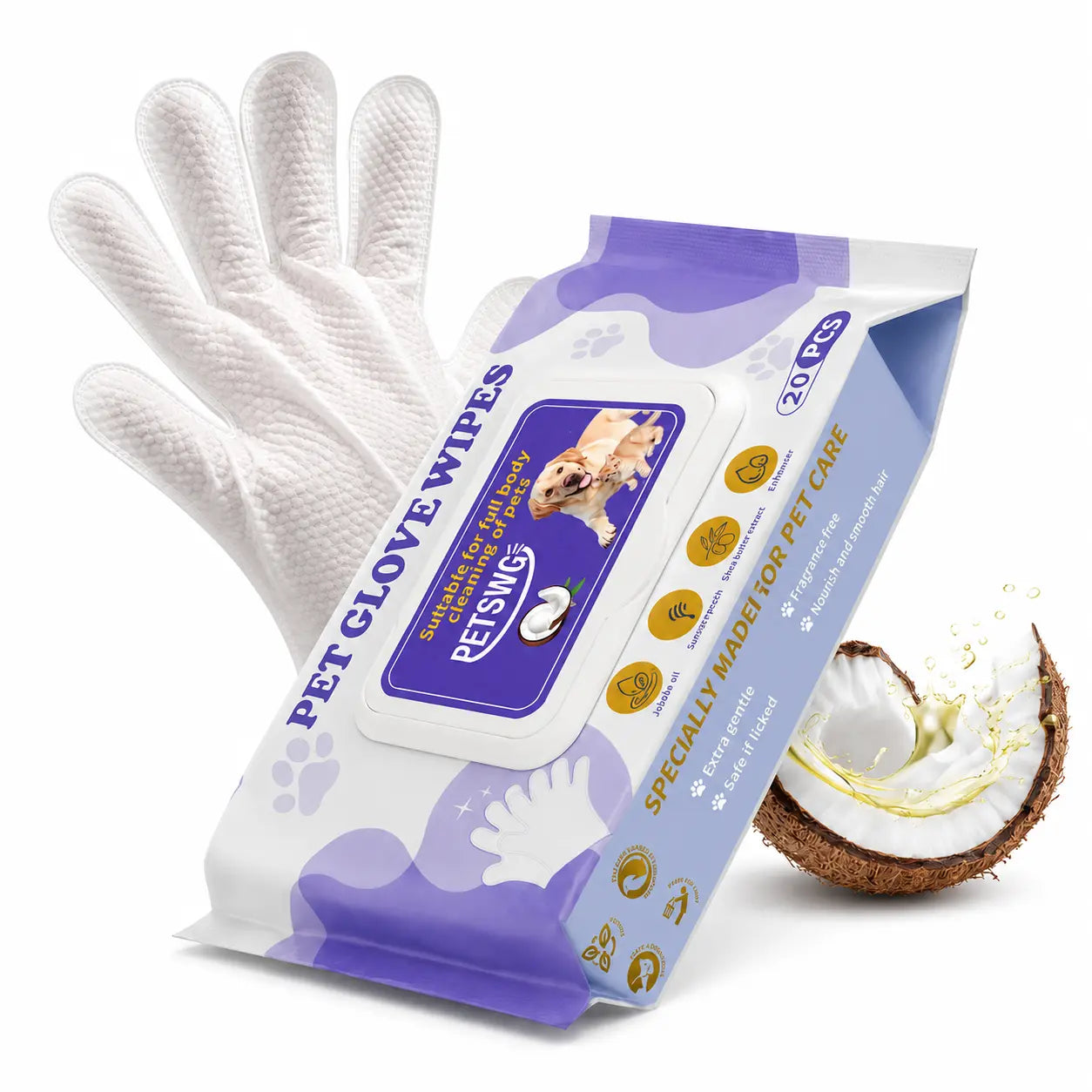 20-Pack Pet Cleaning Wipes & Bathing Gloves – Hypoallergenic Coconut Oil Deodorant Wipes for Dogs