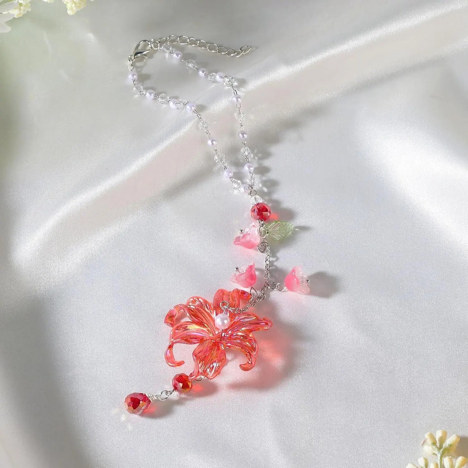 Crystal Lily Car Suncatcher Charm Handmade Boho Rearview Mirror Decor Gift