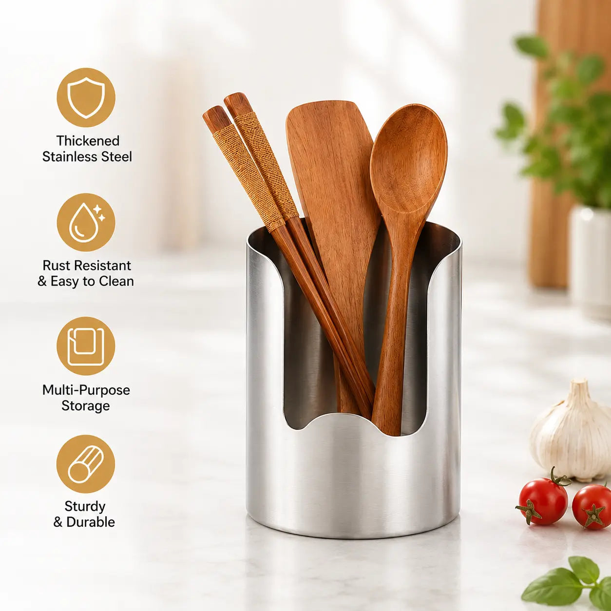 Thickened Stainless Steel Utensil Organizer for Kitchen Countertop Storage and Easy Cleanup