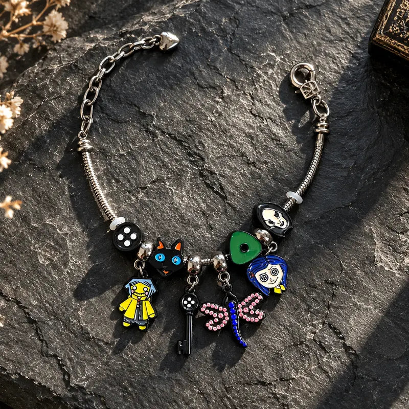 Dark Fantasy Charm Bracelet with Enamel Pendants for Goth Cosplay and Fan Gifts