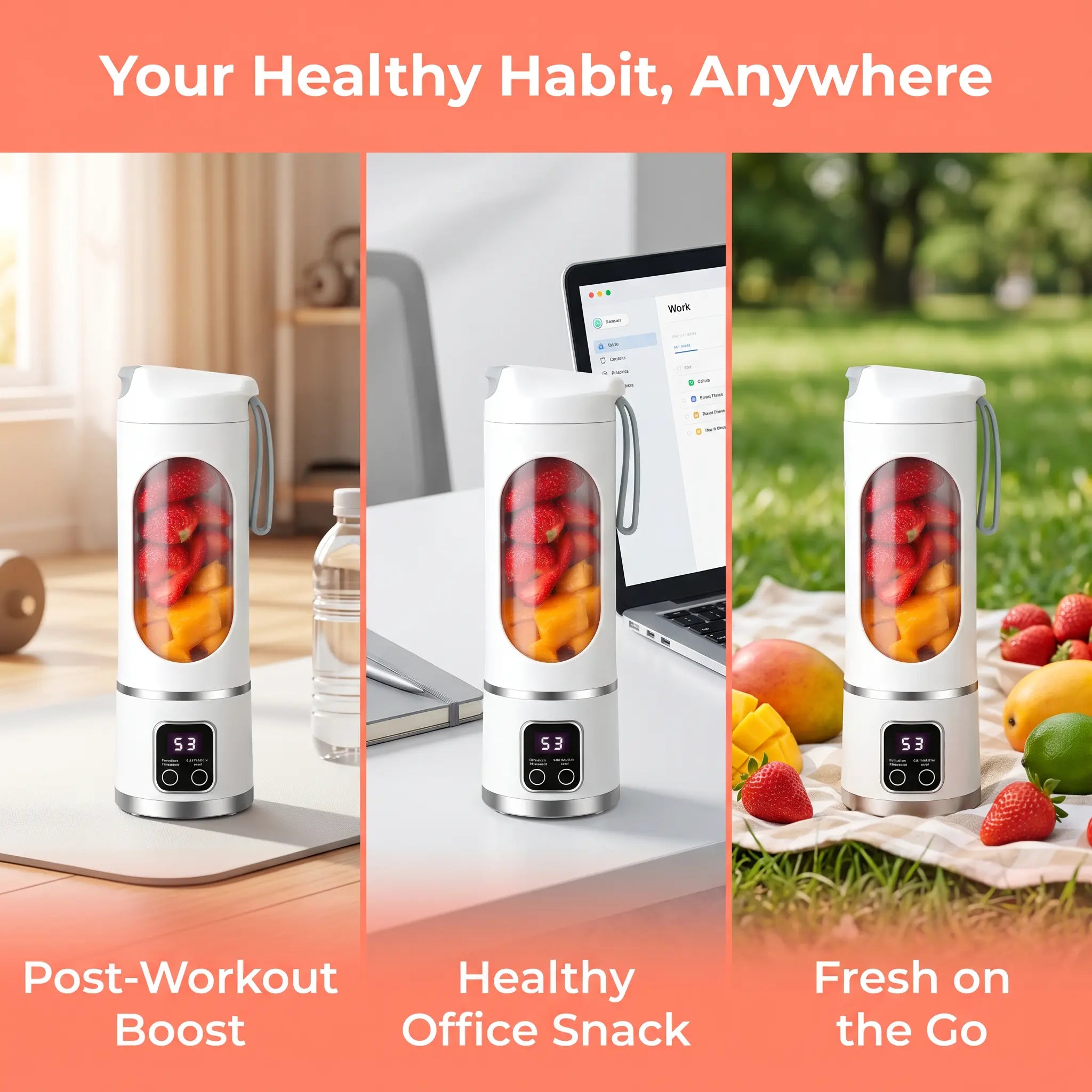 Portable USB Rechargeable Personal Blender with LED Display – 15.22oz Smoothies Maker