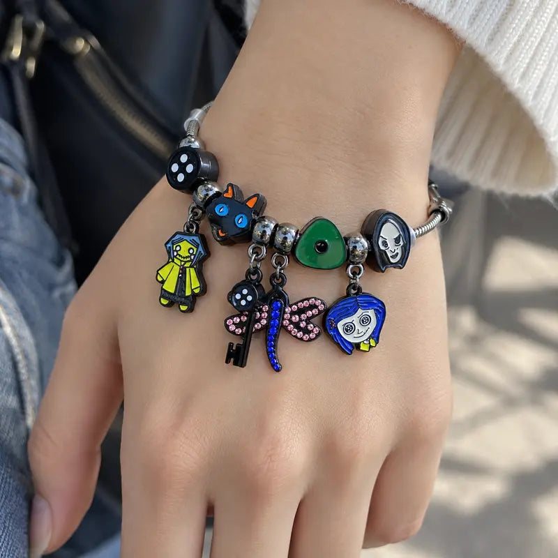 Dark Fantasy Charm Bracelet with Enamel Pendants for Goth Cosplay and Fan Gifts