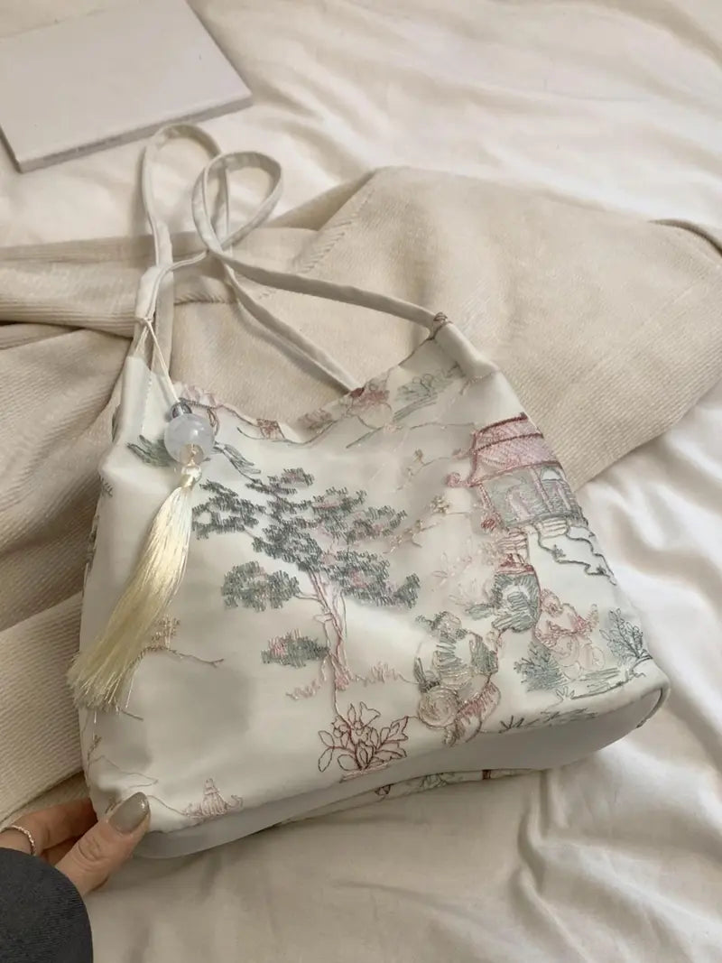Elegant Embroidered Tassel Crossbody Bag for Women Daily Fashion Commuting and Travel