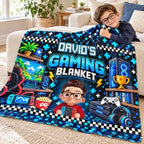 Personalized Fleece Blanket with Cartoon Gamer Holding a Controller, Blue Pixel Art, Unique Gift for Son - 7