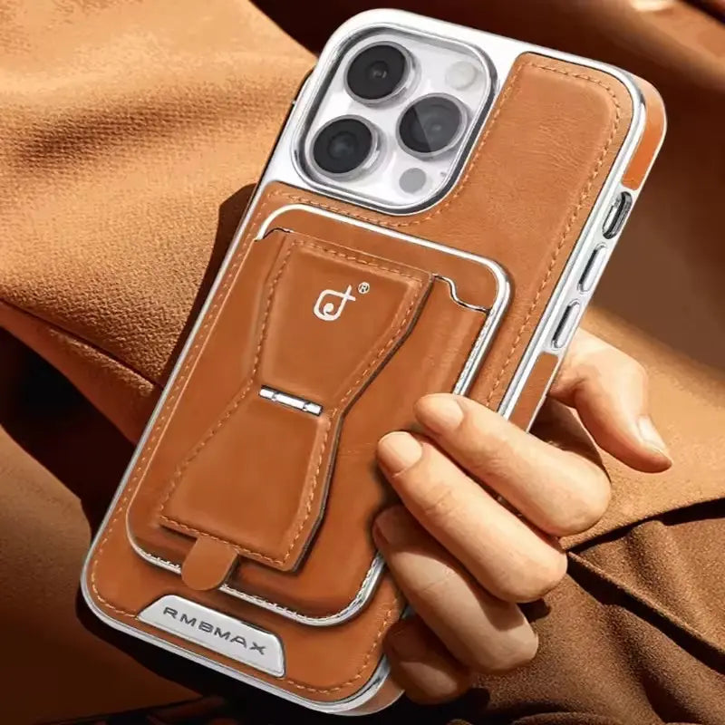 Premium Magnetic Leather Phone Case with 2-Card Wallet Holder & Foldable Kickstand for iPhone