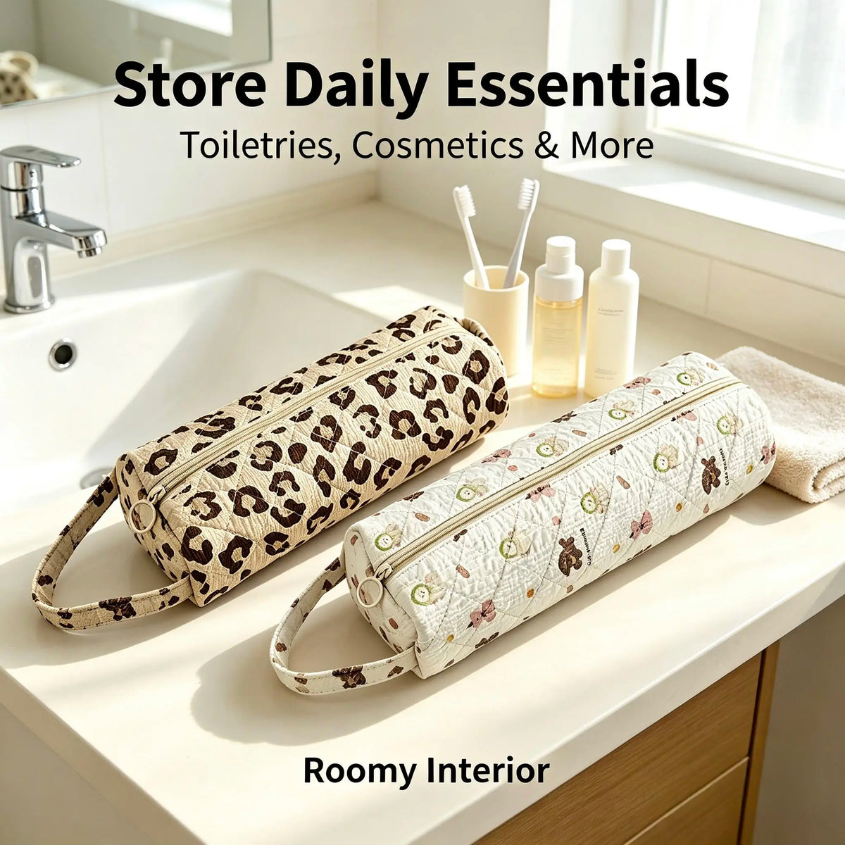 Quilted Travel Toiletry Organizer Bag with Handle for Makeup and Bathroom Storage