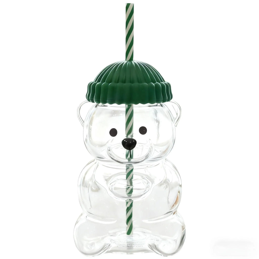 Cute Teddy Bear Glass Tumbler with Strawberry Straw – 20oz Reusable Iced Coffee Cup